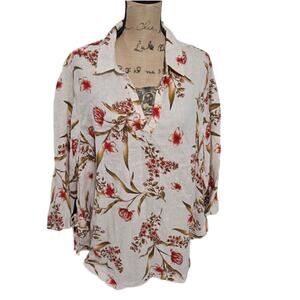 Tahari Linen Beige and Red Boho Floral Tunic Plus‎ Size 2X 3X New!